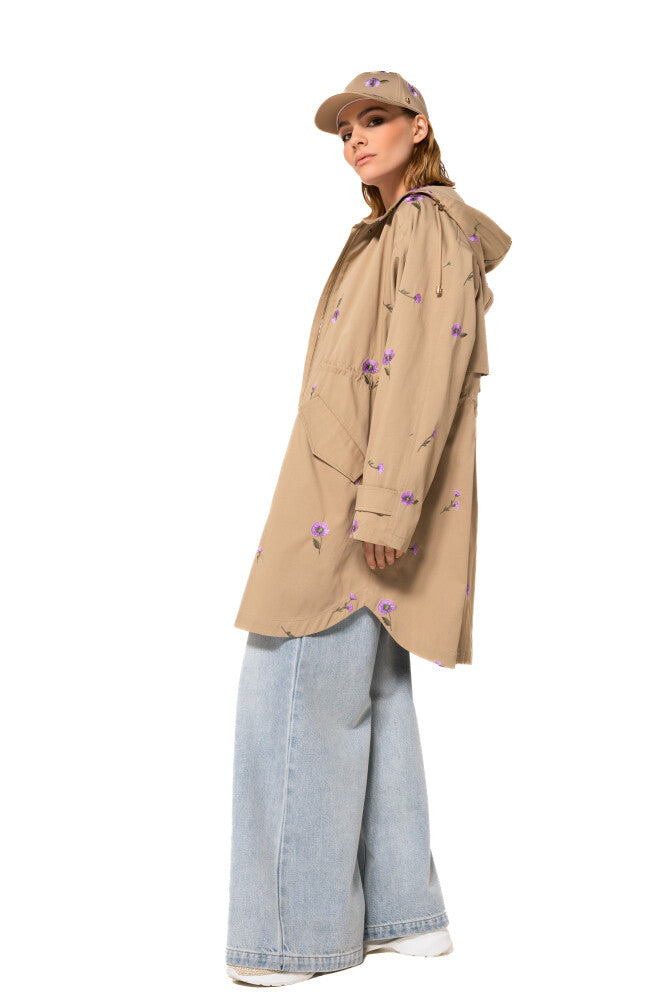 Hooded Unlined Parka W/Embroidered Florets