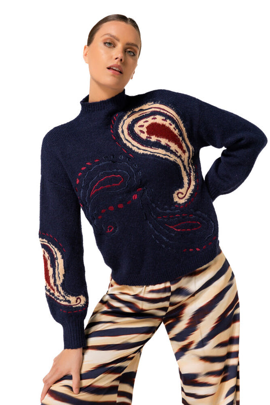 Embroidered Paisley Mock Neck Sweater