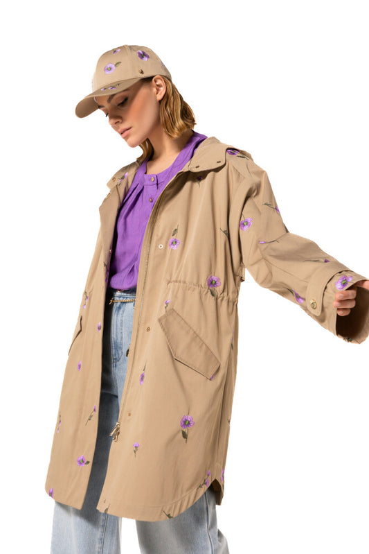 Hooded Unlined Parka W/Embroidered Florets