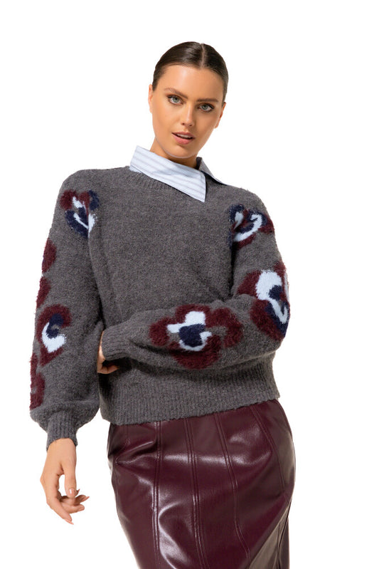 Fuzzy Flowers Sleeve Detailed Sweater