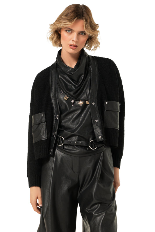 Leather Detailed Cropped Knit Cardigan