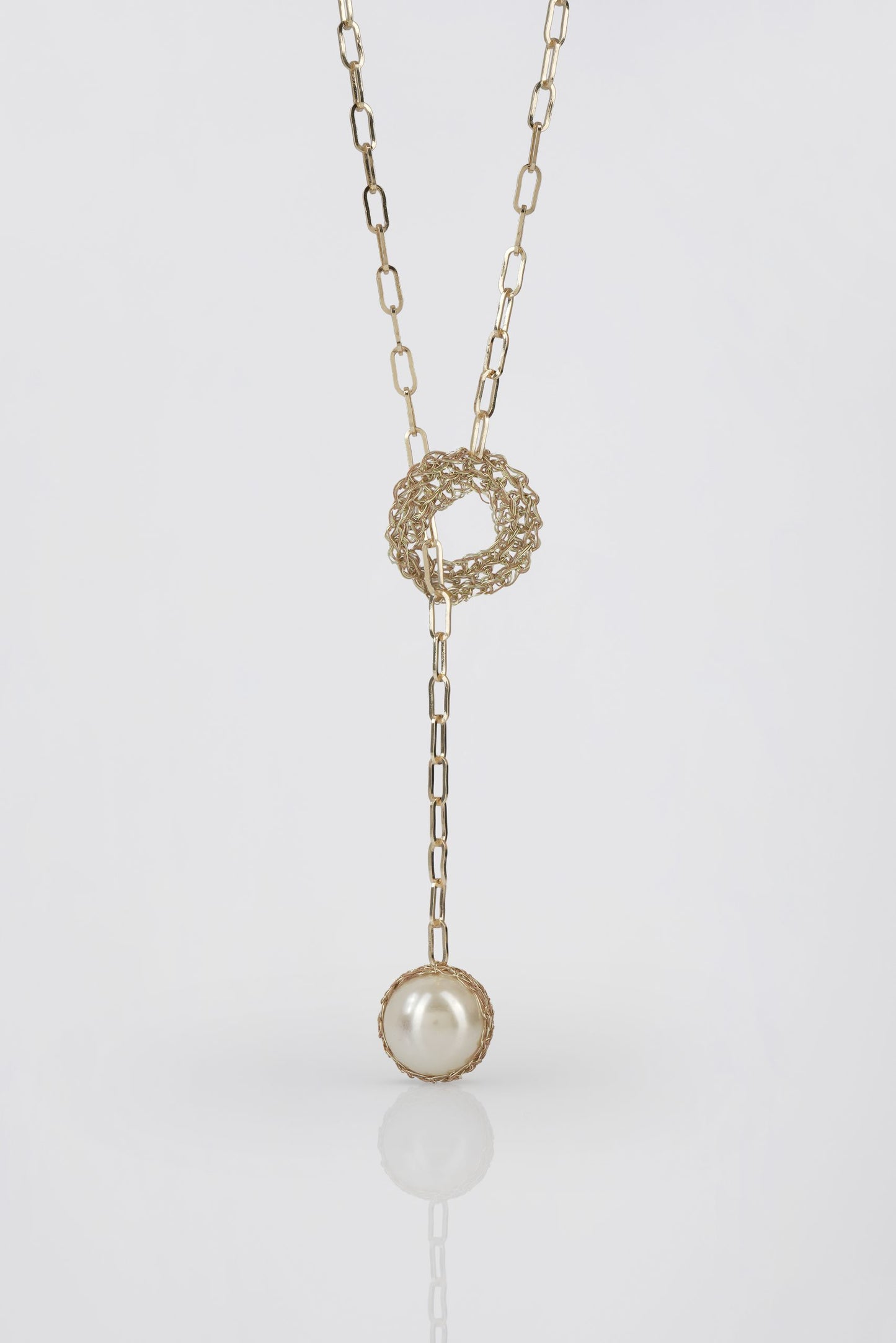 Mega Pearl Silver Crochet Disc Lariat