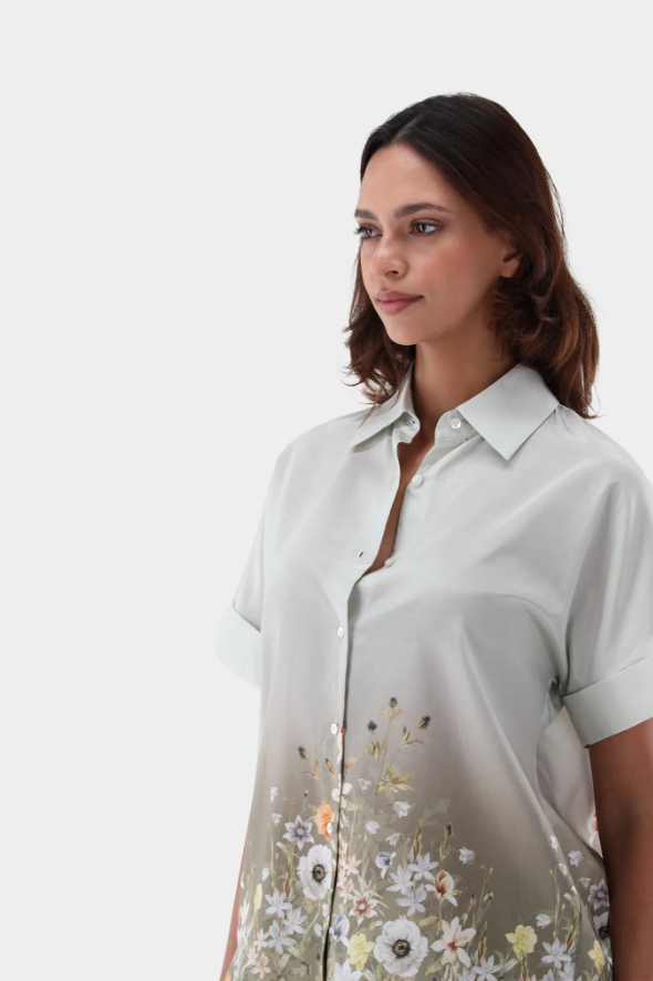 Floral Ombre Silk Short Sleeve Blouse