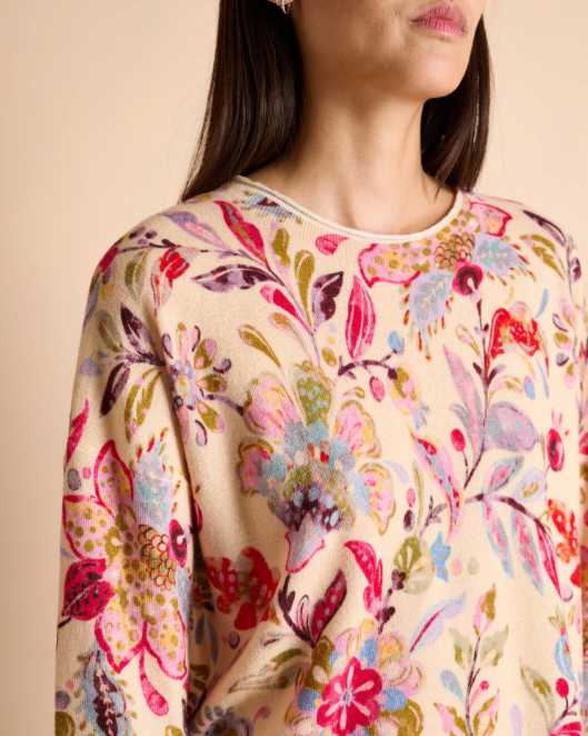 Round-Neck Floral Painted Wool Sweater
