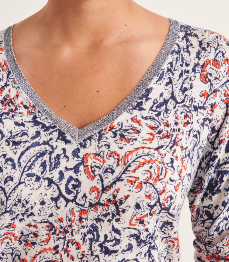 Paisley V-Neck Cotton Blend Sweater