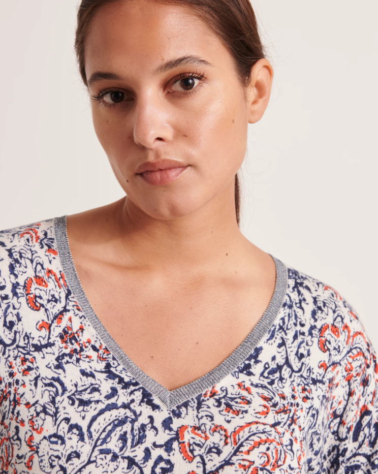 Paisley V-Neck Cotton Blend Sweater