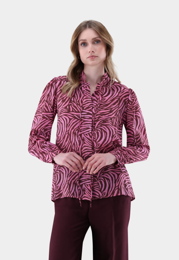 Flowy Zebra Blouse w. Rouched Sleeves