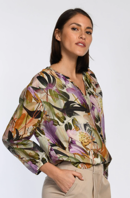 Wispy Jungle Silk-Blend Tunic Blouse