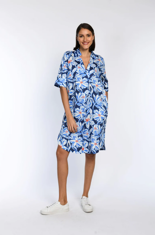 Front Pleat Floral Sketch Cotton Dress