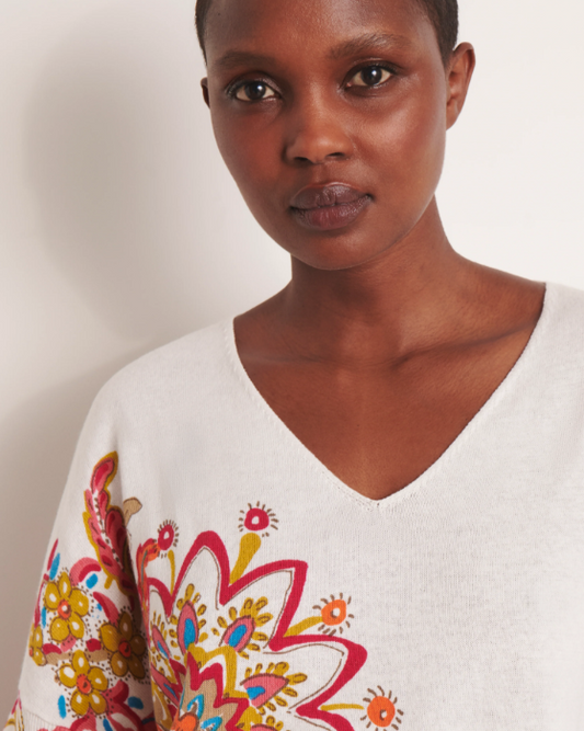 Kimono Style V-Neck Floral Print Sweater