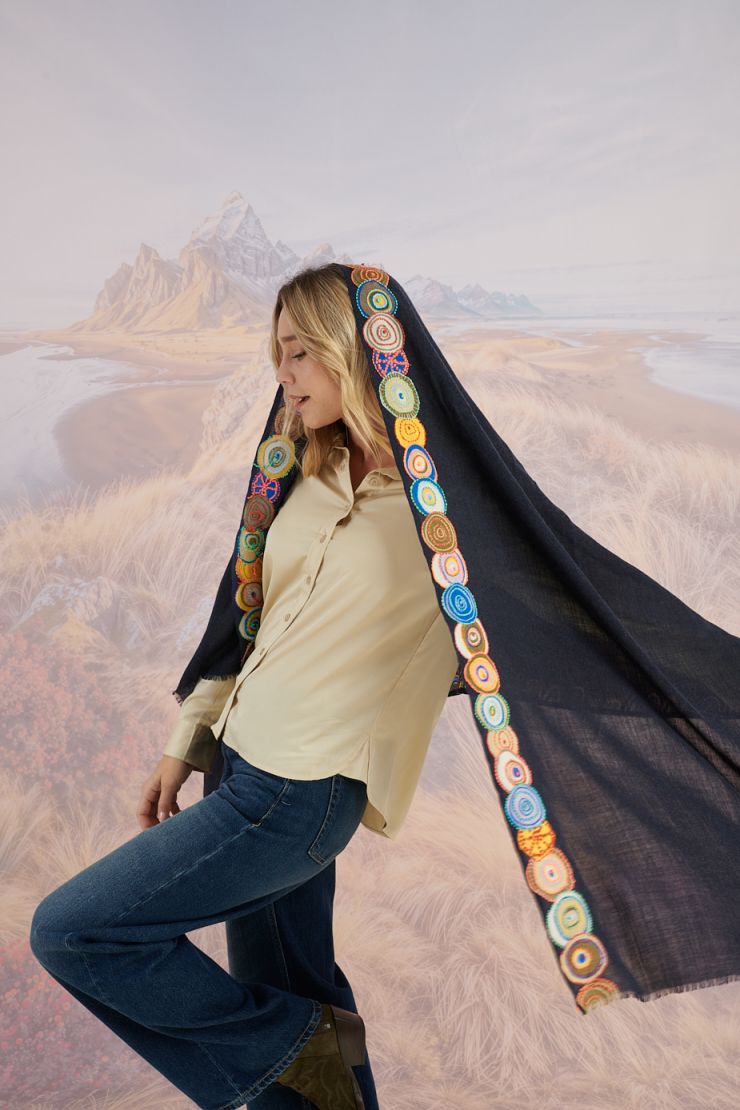 Hand-Embroidered Borders Wool Scarf