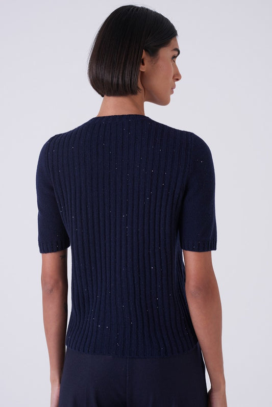 Sparkle Weave Ribbed Half-Sleeve Sweater