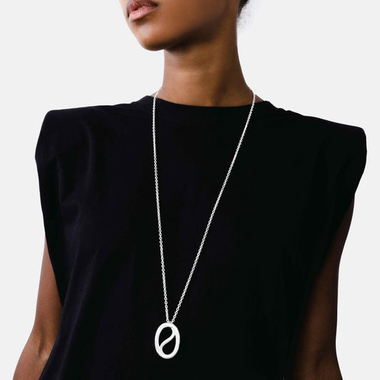 Motif Big Oval Long Silver Necklace
