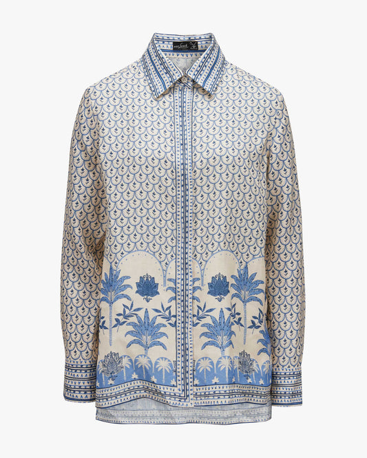 Linen Palm Print Oriental Tunic Blouse