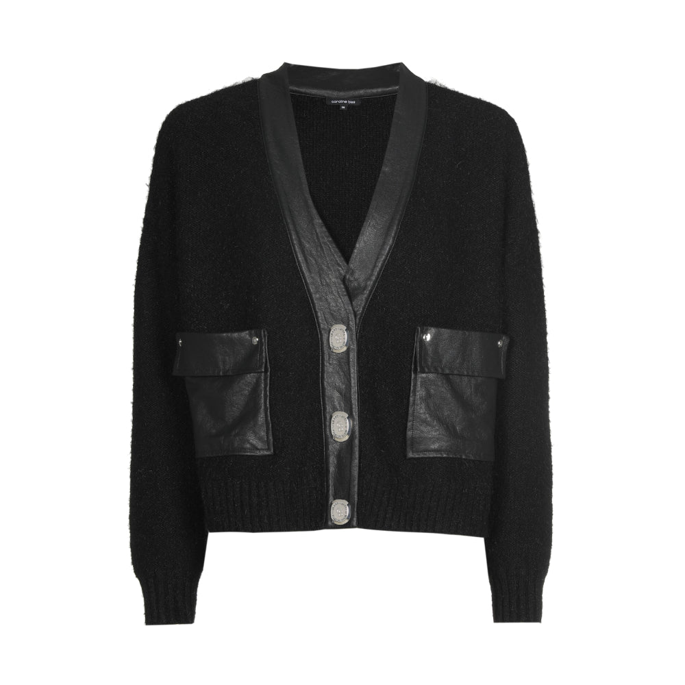 Leather Detailed Cropped Knit Cardigan