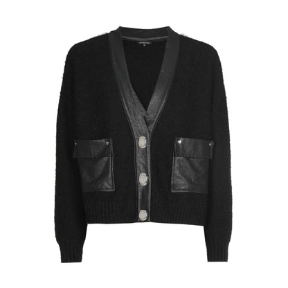 Leather Detailed Cropped Knit Cardigan