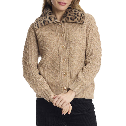 Leopard Fur Detailed Cable-Knit Cardigan
