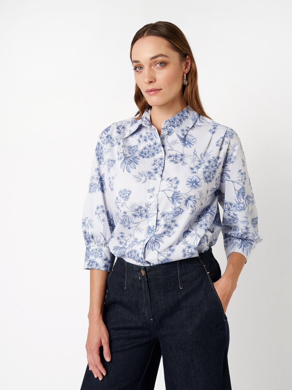 Floral Striped Cotton Rouched Blouse