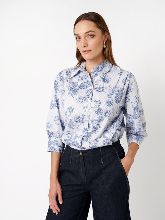 Floral Striped Cotton Rouched Blouse