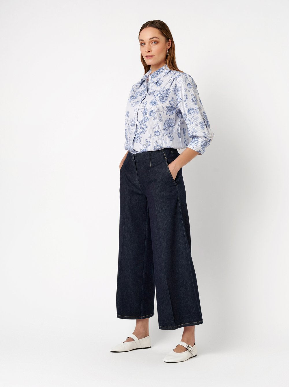 Floral Striped Cotton Rouched Blouse