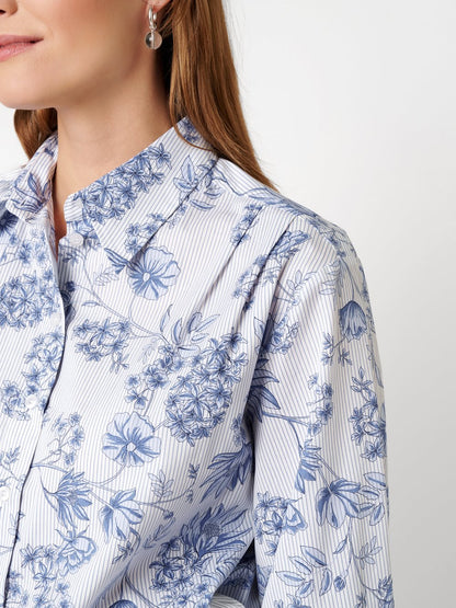 Floral Striped Cotton Rouched Blouse