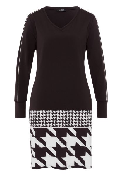 V-Neck Houndstooth Trim Jersey Dress