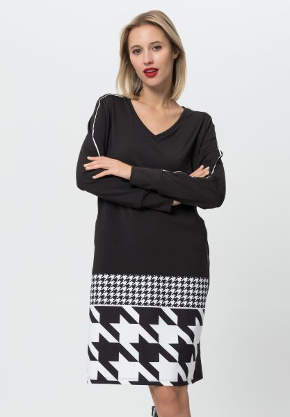 V-Neck Houndstooth Trim Jersey Dress