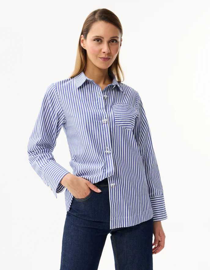 Bow Buttoned Striped Blouse