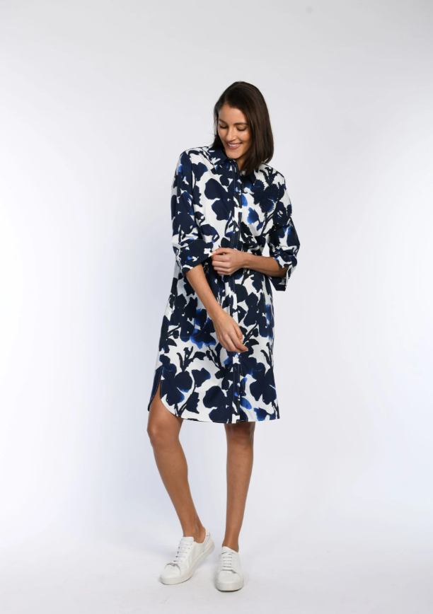 Ink-Dyed Floral Cotton Shirt Dress