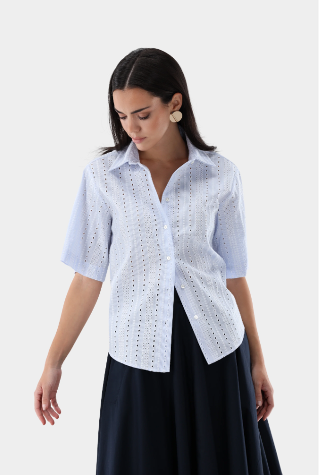 Striped Eyelet Embroidered Cotton Blouse