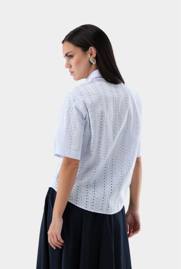 Striped Eyelet Embroidered Cotton Blouse