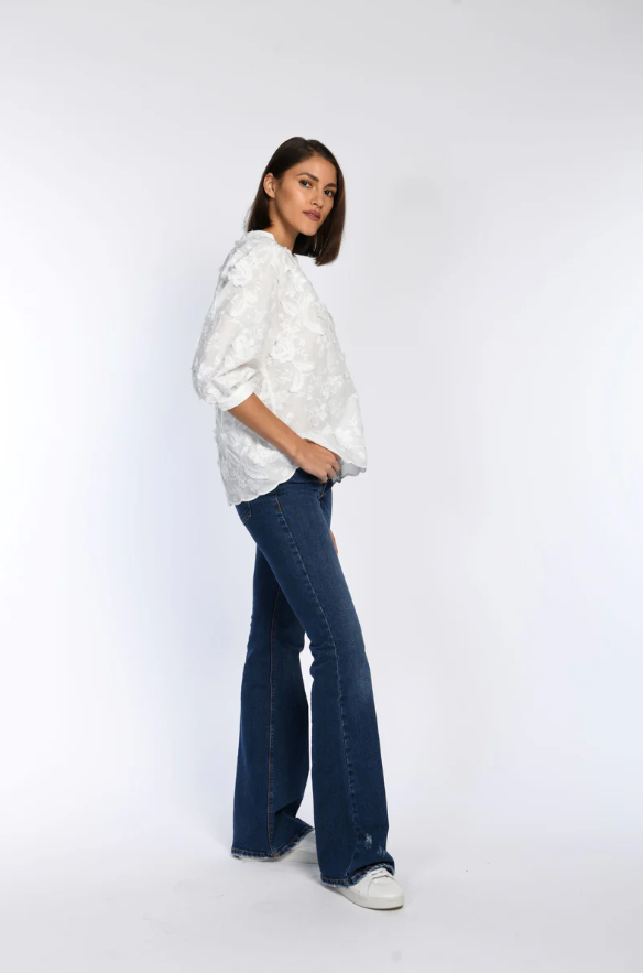 Floral Applique Cotton Tunic Blouse