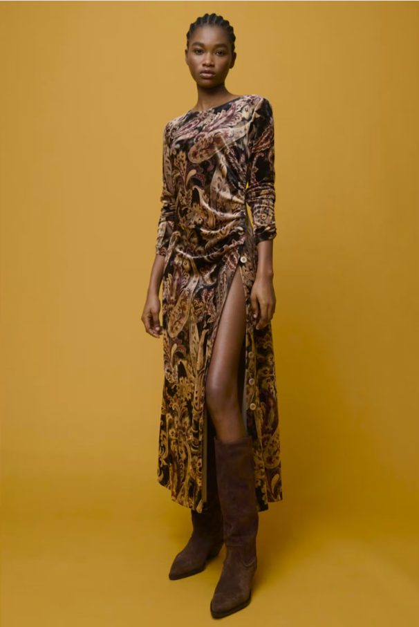 Paisley Velvet Dress with Side Slit