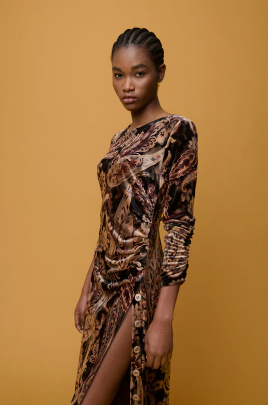 Paisley Velvet Dress with Side Slit