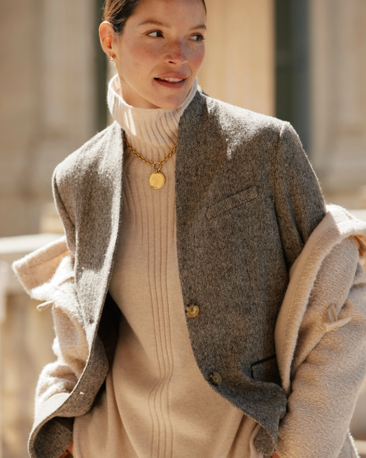 Chevron Wool Blazer w. Stand-up Collar