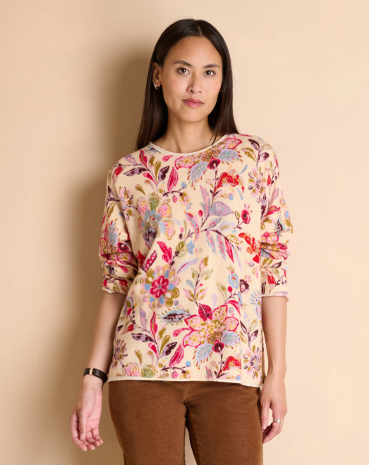 Round-Neck Floral Painted Wool Sweater