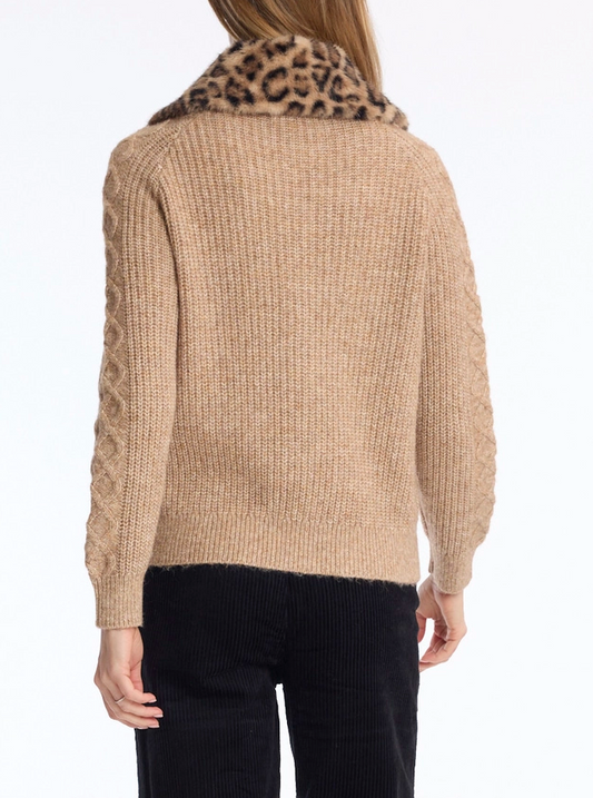 Leopard Fur Detailed Cable-Knit Cardigan