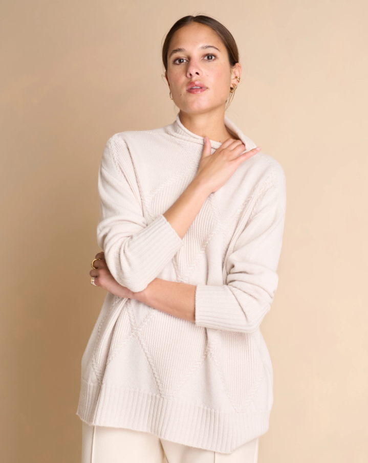 Diamond-Stitched Wool Tunic Sweater