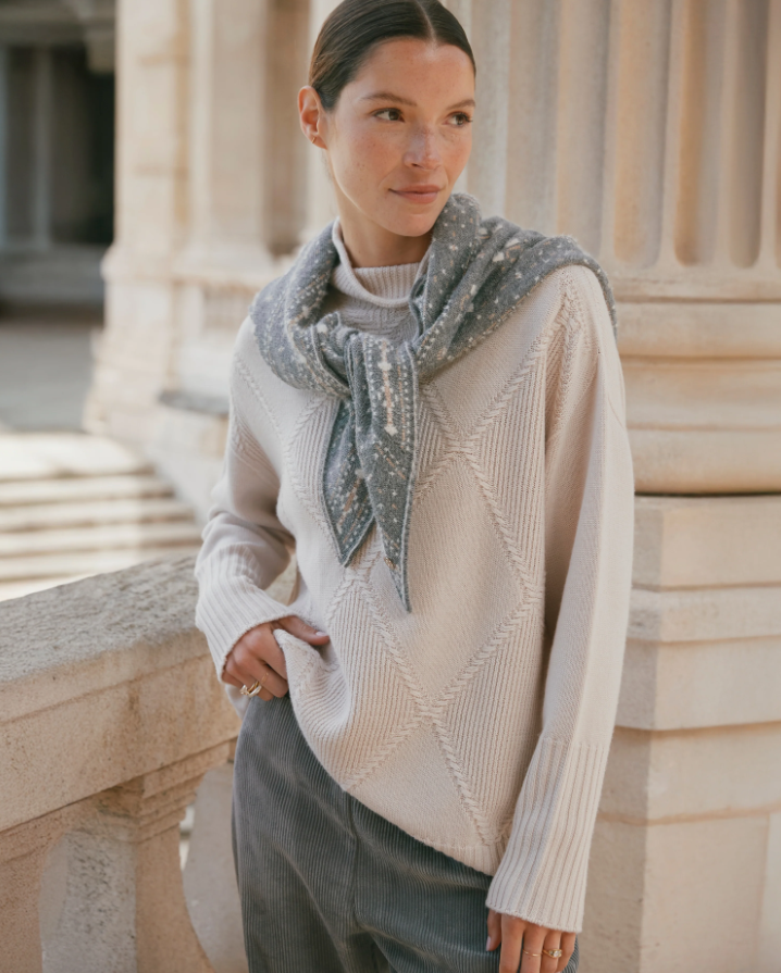 Diamond-Stitched Wool Tunic Sweater