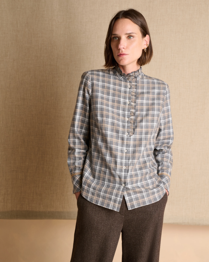 Plaid Ruffled Collar Cotton Blouse