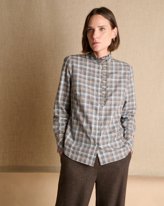 Plaid Ruffled Collar Cotton Blouse