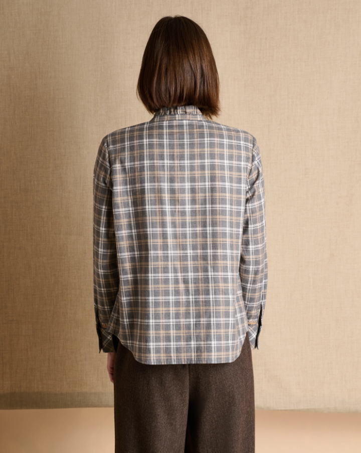 Plaid Ruffled Collar Cotton Blouse