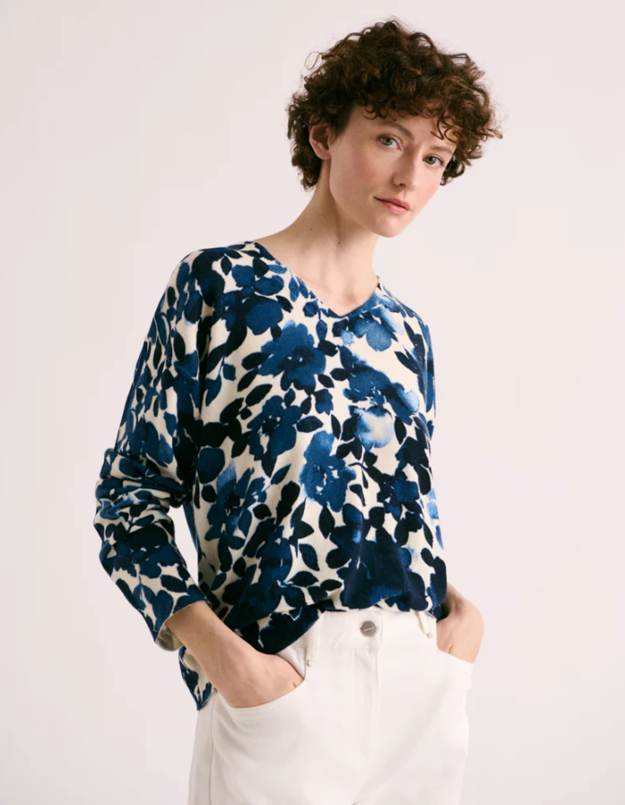 Blue Bloom V-Neck Wool Sweater