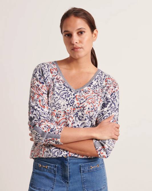 Paisley V-Neck Cotton Blend Sweater