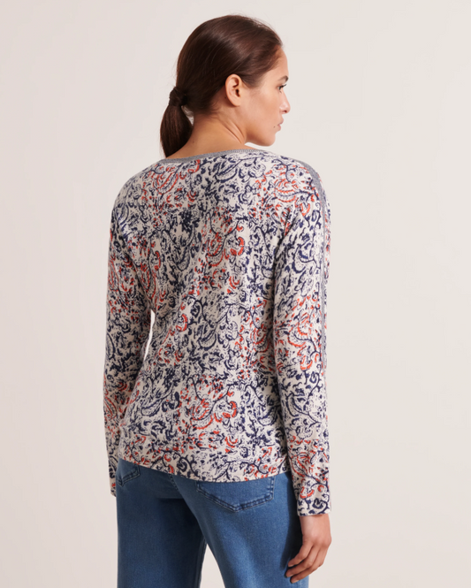 Paisley V-Neck Cotton Blend Sweater