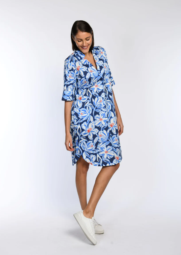 Front Pleat Floral Sketch Cotton Dress