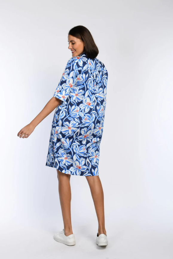 Front Pleat Floral Sketch Cotton Dress