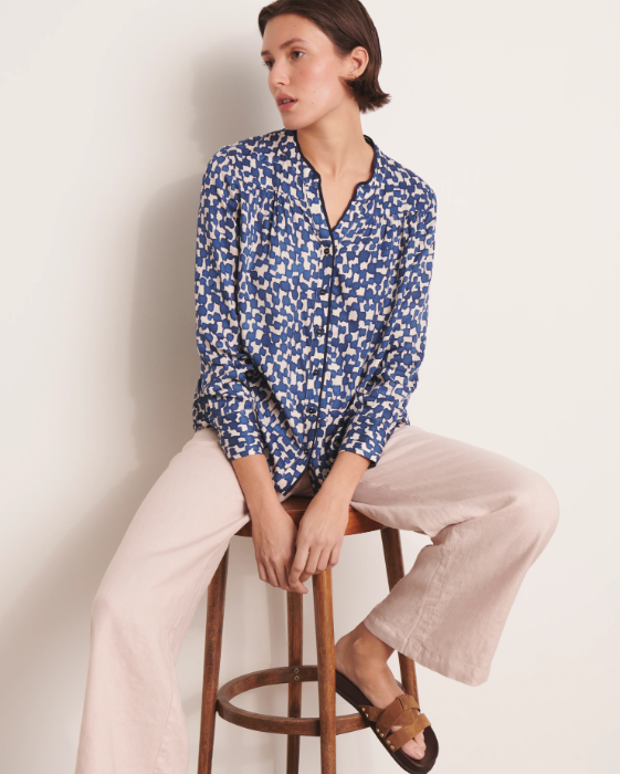 Ink-Dyed Geometric Rouched Blouse