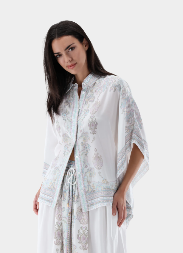 Habotai Silk Paisley Bat-Sleeve Blouse
