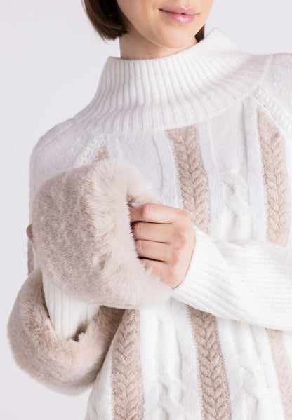 Furry Cuffed Cable Knit Sweater